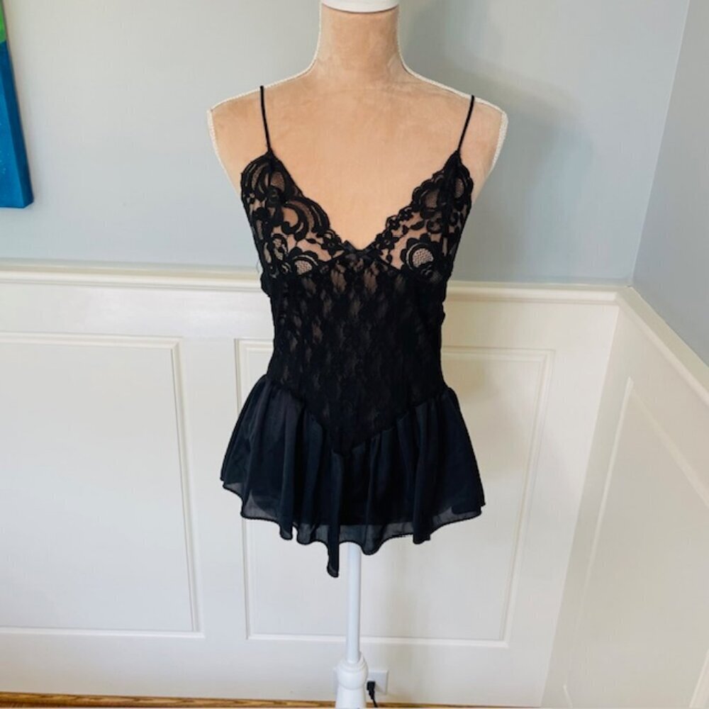 Vintage 70s Camisole Lace Peplum Nylon Sheer Lingerie Tank Top S/M - Picture 3 of 11